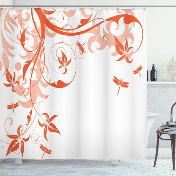 Ambesonne Dragonfly Shower Curtain, Swirling Floral Damask, 69"Wx84"L, Coral White