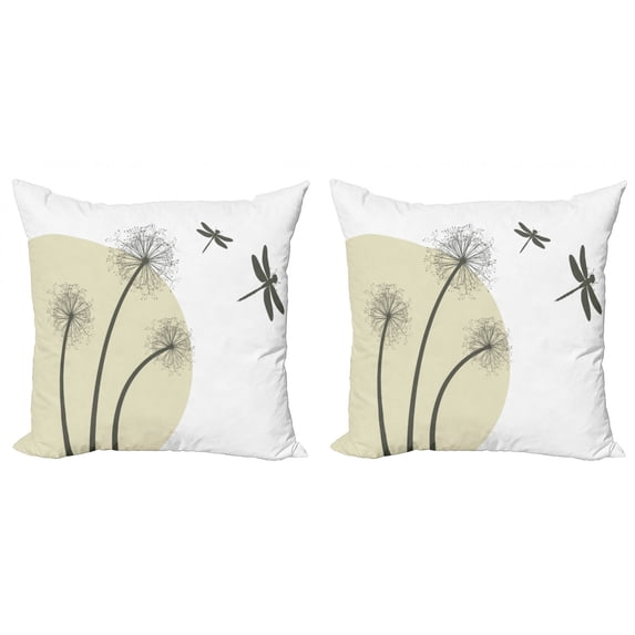 Ambesonne Dragonfly Throw Pillow Cover 2 Pack, Dandelions Spring Art, 24", Tan Army Green