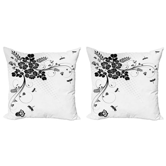 Ambesonne Dragonfly Throw Pillow Cover 2 Pack, Fern Plants Floral, 16", Black White