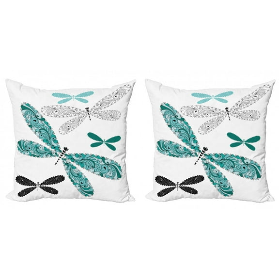 Ambesonne Dragonfly Throw Pillow Cover 2 Pack, Ornate Damask, 20", Teal Turquoise Black