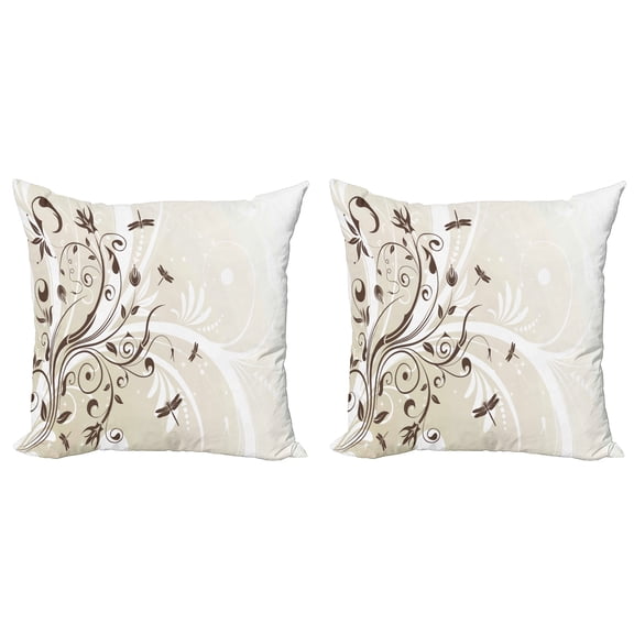 Ambesonne Dragonfly Throw Pillow Cover 2 Pack, Seasonal Flourish, 20", Eggshell Brown