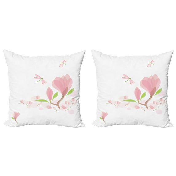 Ambesonne Dragonfly Throw Pillow Cover 2 Pack, Soft Magnolia Leaves, 16", Pale Pink Lime Green