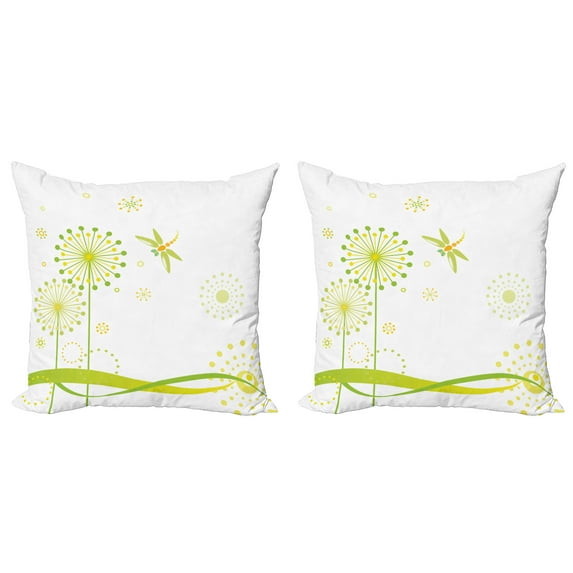 Ambesonne Dragonfly Throw Pillow Cover 2 Pack, Spring Dandelion Art, 24", Lime and Apple Green
