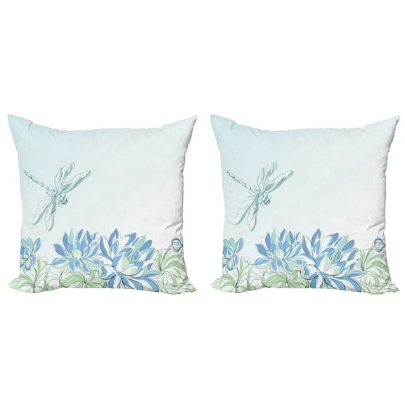 Ambesonne Dragonfly Throw Pillow Cover 2 Pack, Waterlilies Nature, 20", Blue Green