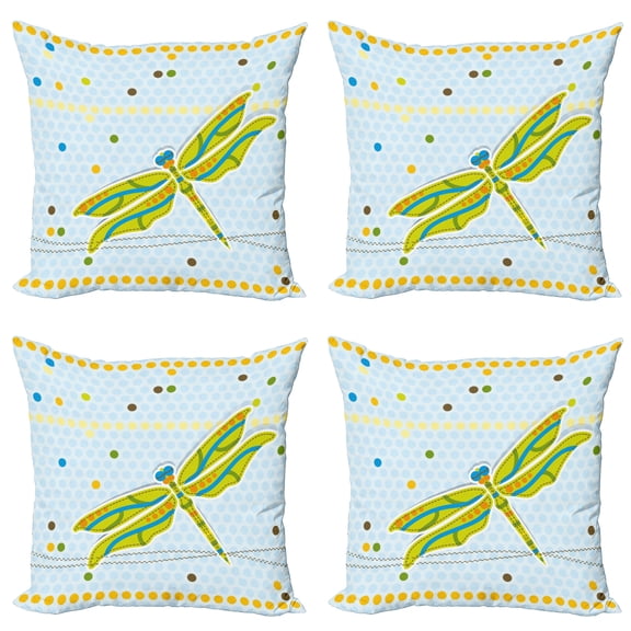 Ambesonne Dragonfly Throw Pillow Cover 4 Pack, Cartoon Theme, 16", Lime Green Pale Blue
