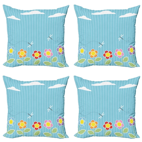 Ambesonne Dragonfly Throw Pillow Cover 4 Pack, Daisy Bloom Cartoon, 18", Sky Blue White