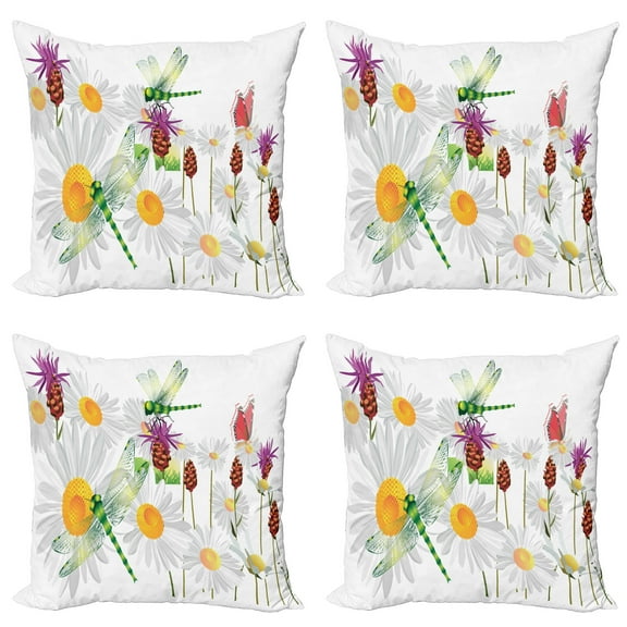 Ambesonne Dragonfly Throw Pillow Cover 4 Pack, Daisy Field Spring, 18", Fern Green White