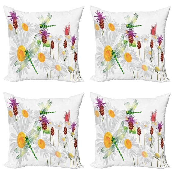 Ambesonne Dragonfly Throw Pillow Cover 4 Pack, Daisy Field Spring, 24", Fern Green White