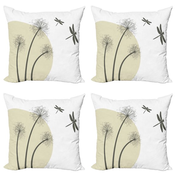Ambesonne Dragonfly Throw Pillow Cover 4 Pack, Dandelions Spring Art, 16", Tan Army Green