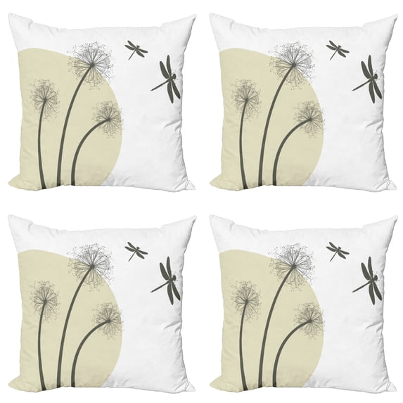 Ambesonne Dragonfly Throw Pillow Cover 4 Pack, Dandelions Spring Art, 20", Tan Army Green