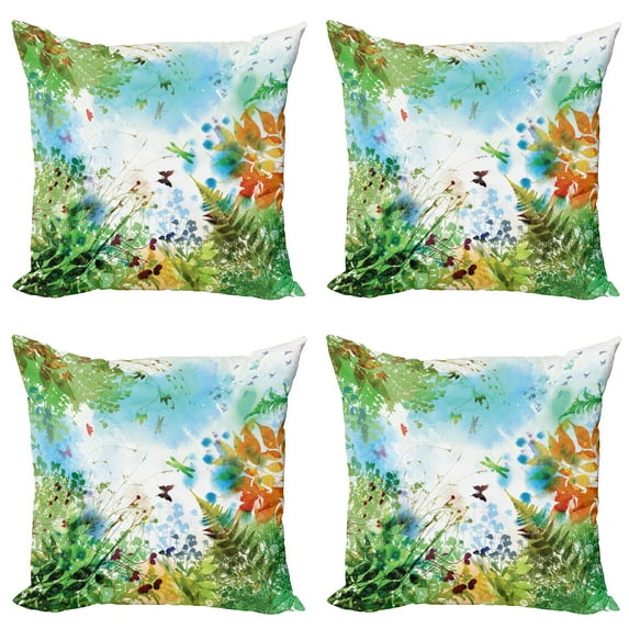 Ambesonne Dragonfly Throw Pillow Cover 4 Pack, Ferns Flourishing Nature, 24", Multicolor