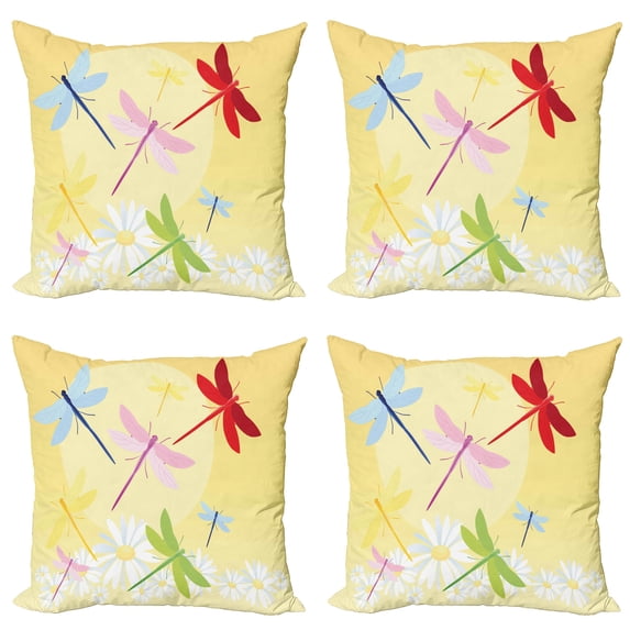 Ambesonne Dragonfly Throw Pillow Cover 4 Pack, Flower Field and Sun, 18", Multicolor