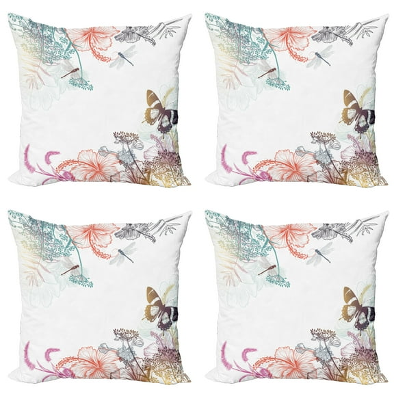 Ambesonne Dragonfly Throw Pillow Cover 4 Pack, Flowers Herbs, 18", Multicolor
