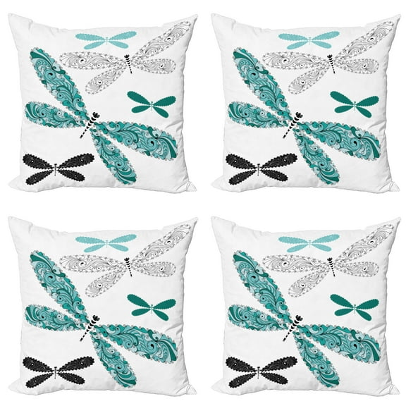 Ambesonne Dragonfly Throw Pillow Cover 4 Pack, Ornate Damask, 16", Teal Turquoise Black