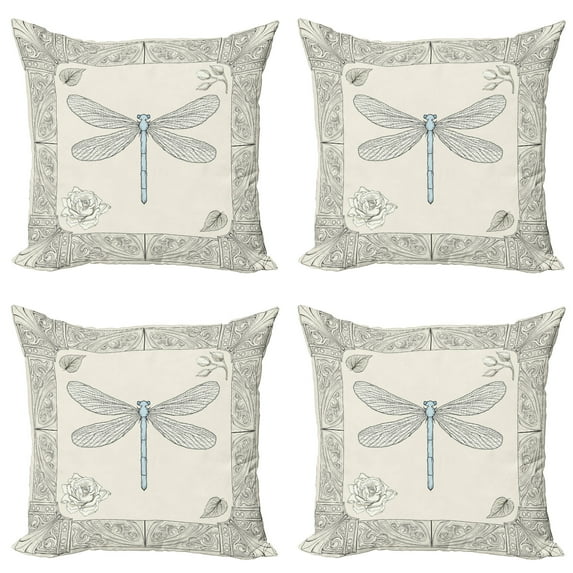 Ambesonne Dragonfly Throw Pillow Cover 4 Pack, Royal Rose Petals, 20", Black Pale Blue