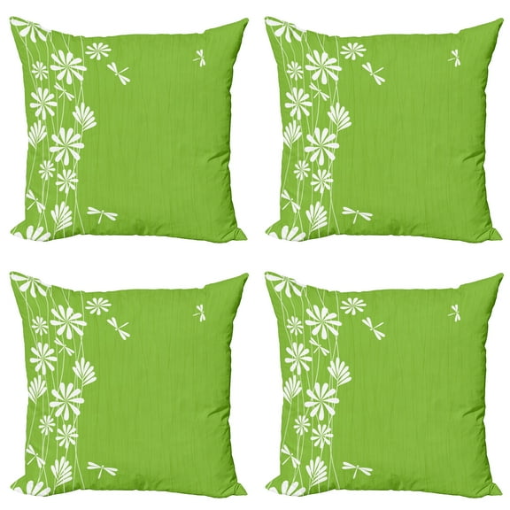 Ambesonne Dragonfly Throw Pillow Cover 4 Pack, Spring Art, 18", Lime Green White
