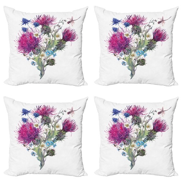Ambesonne Dragonfly Throw Pillow Cover 4 Pack, Summer Meadow Herbs, 24", Multicolor