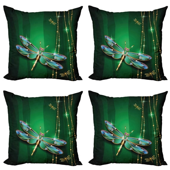 Ambesonne Dragonfly Throw Pillow Cover 4 Pack, Vivid Gemstone, 18", Emerald Multicolor