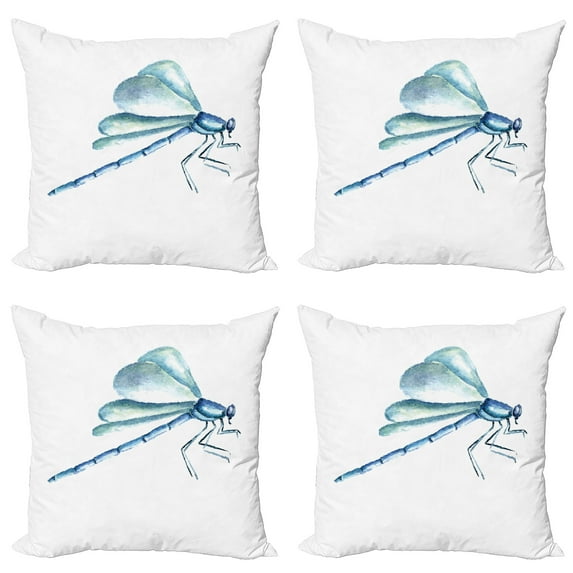 Ambesonne Dragonfly Throw Pillow Cover 4 Pack, Watercolor, 16", Pale Blue White