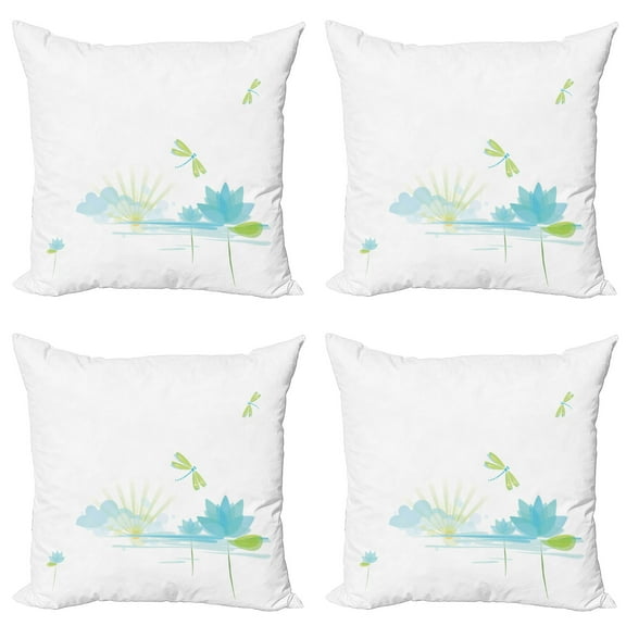 Ambesonne Dragonfly Throw Pillow Cover 4 Pack, Waterlily Nature Lake, 16", Apple Green Pale Blue