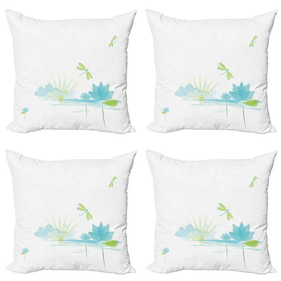 Ambesonne Dragonfly Throw Pillow Cover 4 Pack, Waterlily Nature Lake, 16", Apple Green Pale Blue