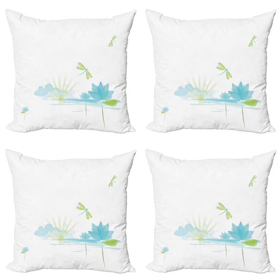 Ambesonne Dragonfly Throw Pillow Cover 4 Pack, Waterlily Nature Lake, 24", Apple Green Pale Blue
