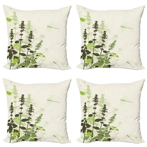Ambesonne Dragonfly Throw Pillow Cover 4 Pack, Wildflowers Grassland, 16", Pale Green Cream