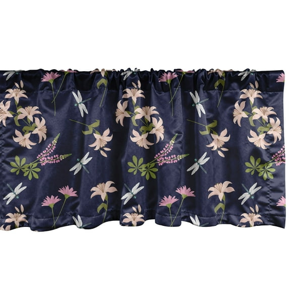 Ambesonne Dragonfly Valance Pack of 2, Floral Art Lilies Lupines, 42"X18", Dark Blue and Multicolor