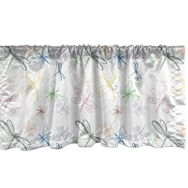 Ambesonne Dragonfly Window Valance, Hand Drawn Flying Bugs in Doodle Style Colorful Nature Animal Abstract Print, Curtain Valance for Kitchen Bedroom Decor with Rod Pocket, 54" X 12", Multicolor