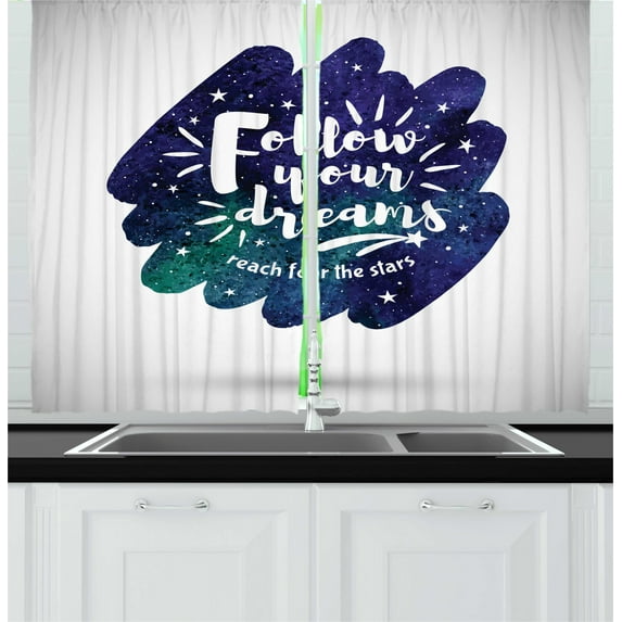 Ambesonne Dream Kitchen Curtains, Cosmic Brush Stroke and Words, 55"x45", Indigo Sea Green White