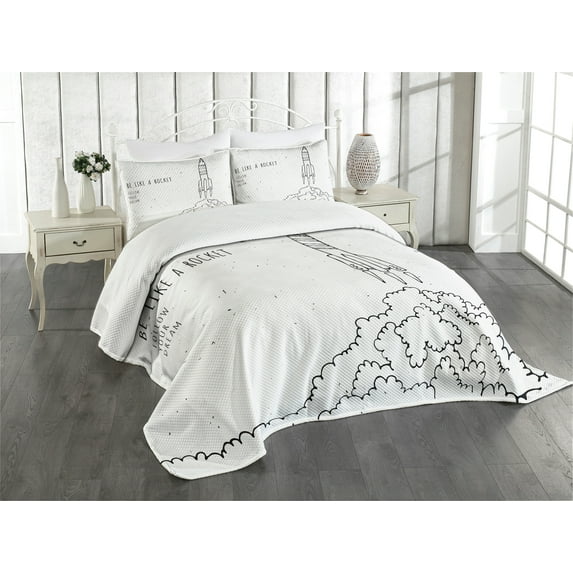 Ambesonne Dream Quilted Bedspread Set 3 Pcs, Dream Space Lover Words, King Size, White and Black