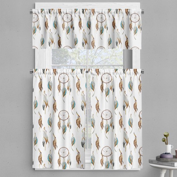 Ambesonne Dream Valance & Curtain, Dreamcatchers Watercolor Art, 55"x45", Pale Caramel Grey Teal
