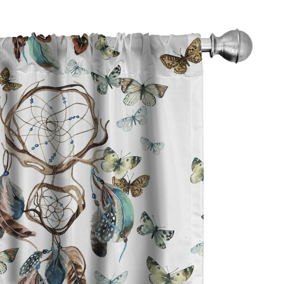 Ambesonne Dreamcatcher Curtains, Feathers Butterflies, Pair of 28"x95", Brown White and Pastel Green
