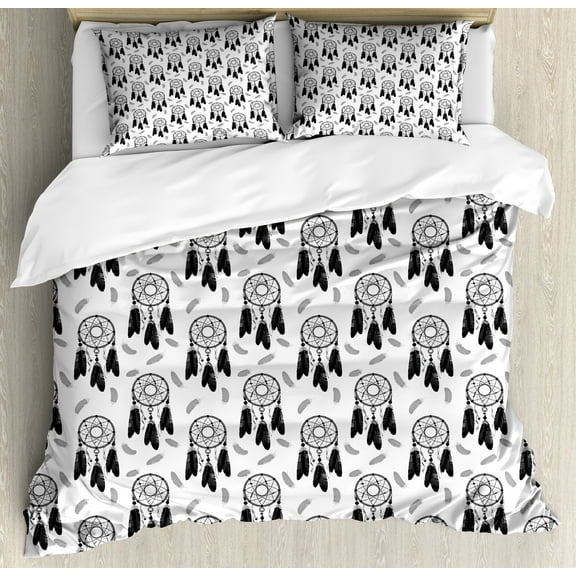 Ambesonne Dreamcatcher Duvet Cover Sets, Art Ethnic Feathers, 2-King, Pale Taupe Charcoal Grey