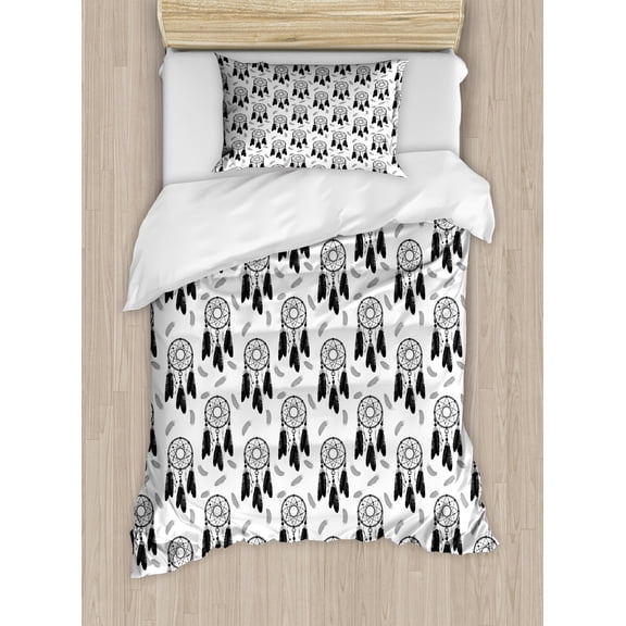 Ambesonne Dreamcatcher Duvet Cover Sets, Art Ethnic Feathers, 2-Twin, Pale Taupe Charcoal Grey