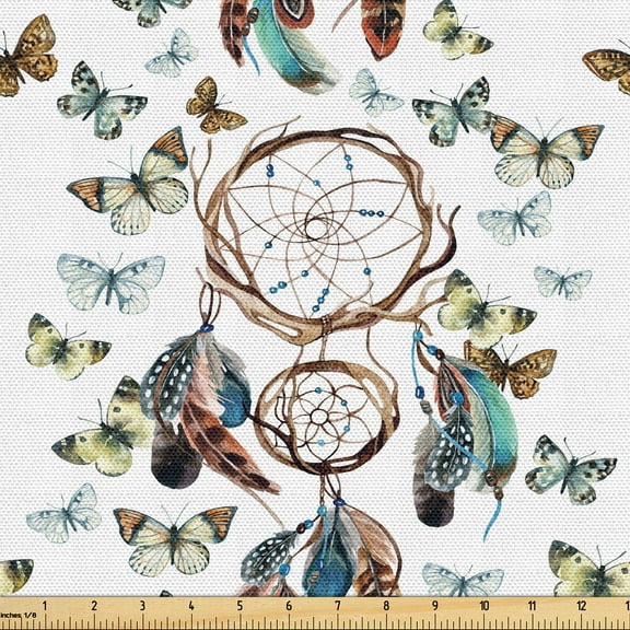 Ambesonne Dreamcatcher Fabric by the Yard Upholstery, Feathers Butterflies, 3 Yards, Brown White and Pastel Green