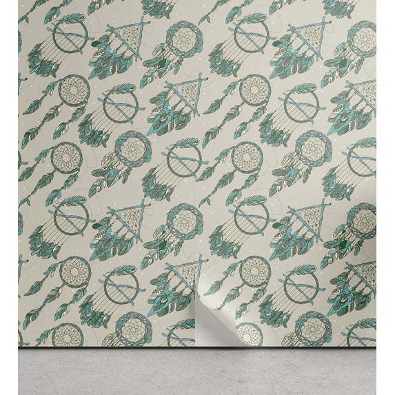 Ambesonne Dreamcatchers Peel & Stick Wallpaper for Home, Ethnic Boho Neutral, 13"x100", Pale Teal and Peacock Green