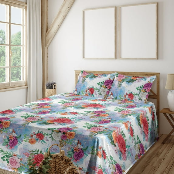 Ambesonne Dreamy Floral Fitted & Flat Sheet with Sham 3 Pcs Set, Fantasy Bloom Boho, Twin, Dark Coral Multicolor