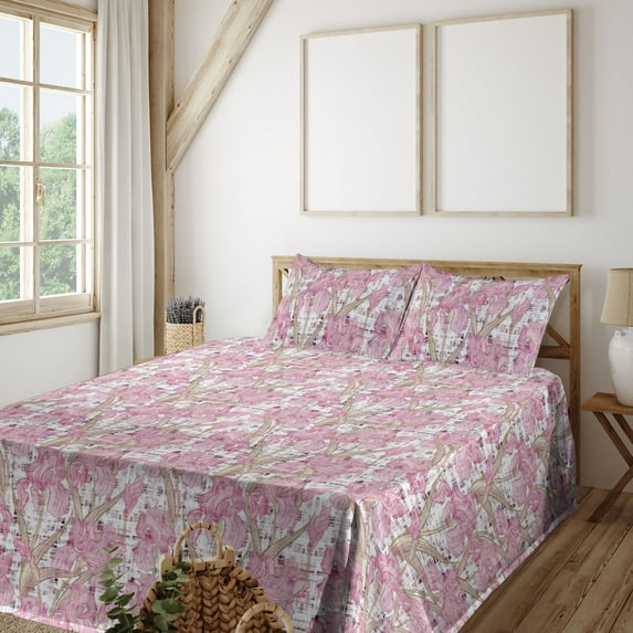 Ambesonne Dreamy Floral Fitted & Flat Sheet with Sham 3 Pcs Set, Monochrome Bloom Art, Twin, Pale Pink Pale Green