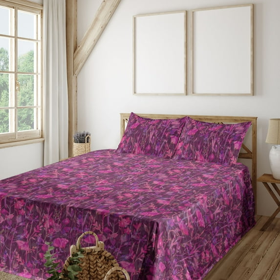 Ambesonne Dreamy Floral Fitted & Flat Sheet with Shams 4 Pcs Set, Flowers of Wild Life, King, Magenta Dark Magenta