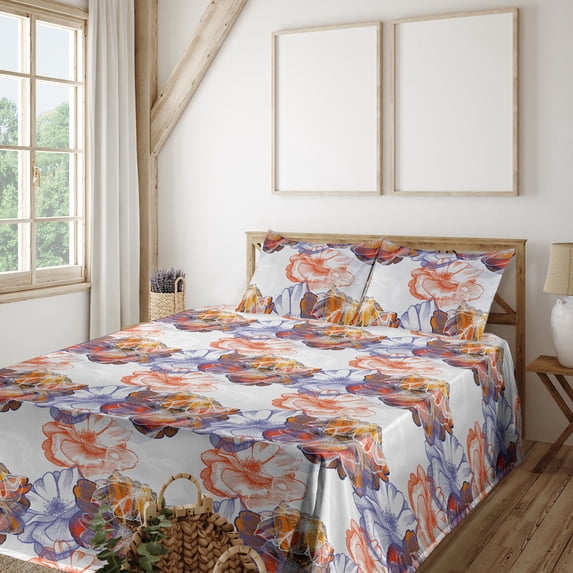 Ambesonne Dreamy Floral Fitted & Flat Sheet with Shams 4 Pcs Set, Tropical Art Flowers, Queen, Dark Coral Blue Violet