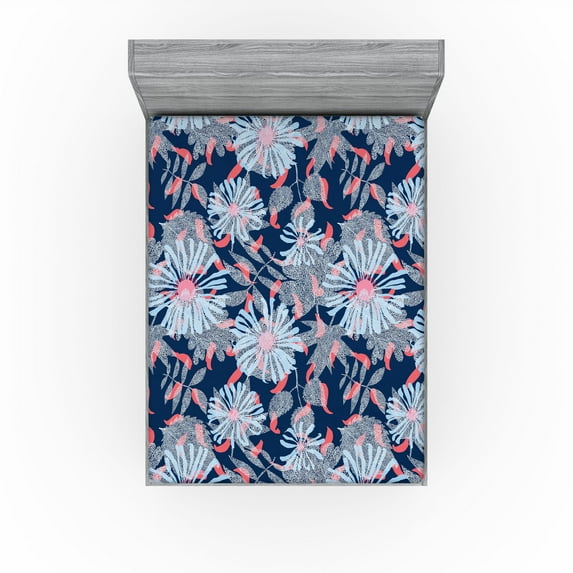Ambesonne Dreamy Floral Fitted Sheet, Boho Aura Retro Bloom, Full Size, Soft Blue Dark Coral