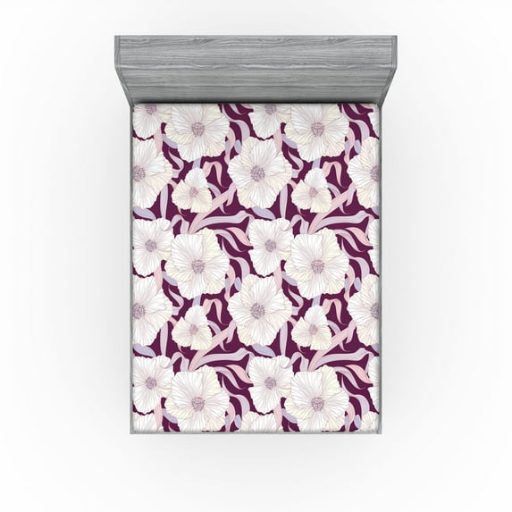 Ambesonne Dreamy Floral Fitted Sheet, Flowers Jumble Leaves, California King, Pastel Purple Plum Ivory