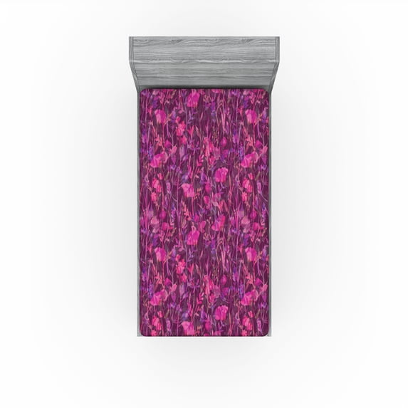 Ambesonne Dreamy Floral Fitted Sheet, Flowers of Wild Life, Twin XL Size, Magenta Dark Magenta