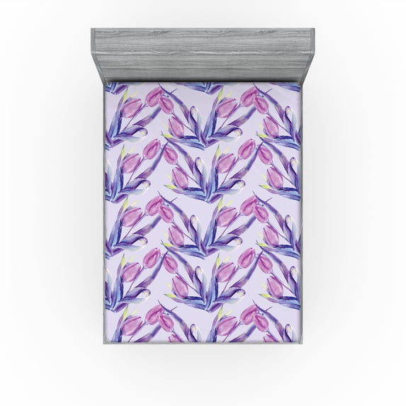 Ambesonne Dreamy Floral Fitted Sheet, Leafy Tulip Pattern, Queen Size, Pale Fuchsia Indigo