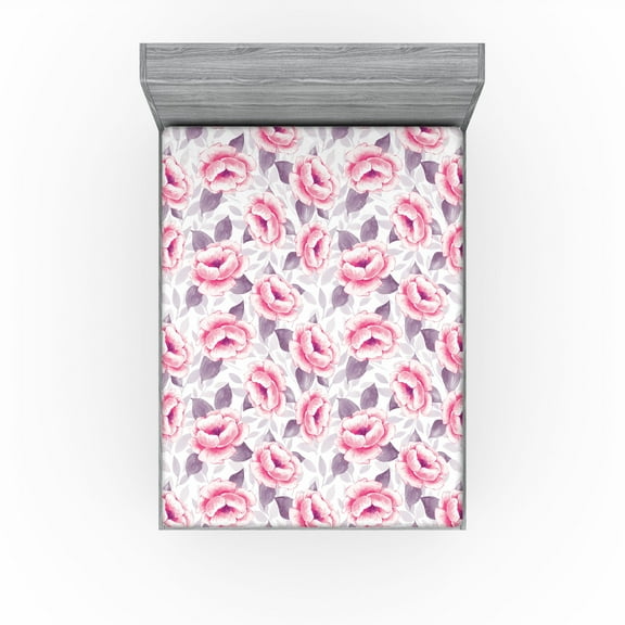 Ambesonne Dreamy Floral Fitted Sheet, Soft Colors Leafy Art, California King, Pastel Pink Grey Pink