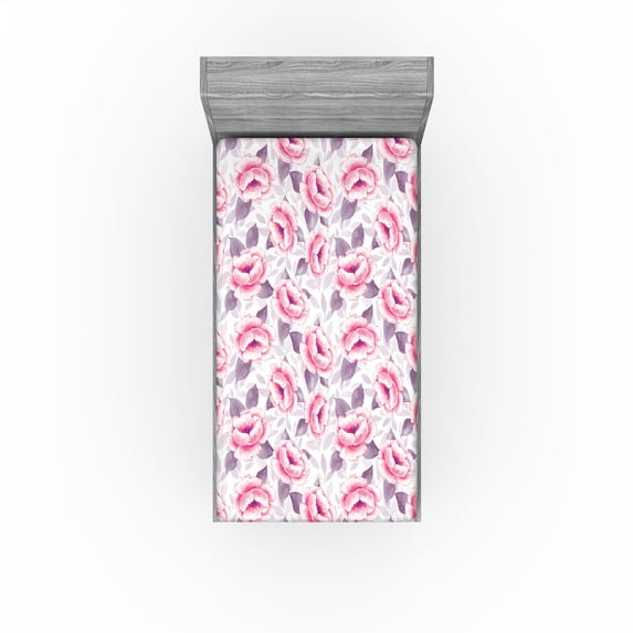 Ambesonne Dreamy Floral Fitted Sheet, Soft Colors Leafy Art, Twin XL Size, Pastel Pink Grey Pink