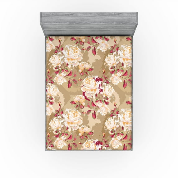 Ambesonne Dreamy Floral Fitted Sheet, Vintage Roses Print, California King, Raspberry Camel Cocoa