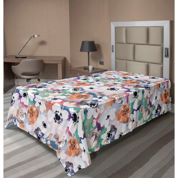 Ambesonne Dreamy Floral Flat Bedding Sheet Soft Top Sheet, Aquarelle Anemones, Twin, Burnt Sienna Off White