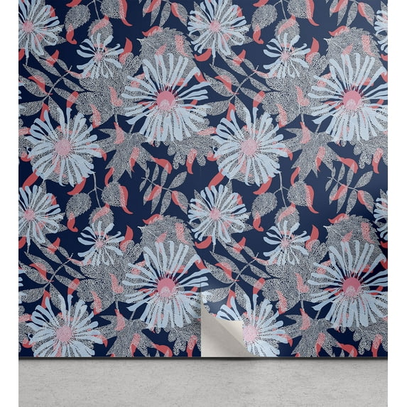 Ambesonne Dreamy Floral Peel & Stick Wallpaper for Home, Boho Aura Retro Bloom, 13"x100", Soft Blue Dark Coral